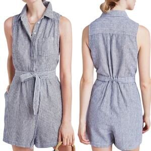 Anthropologie Seersucker Romper Linen Cotton Button Front Belt Railroad Stripe 0